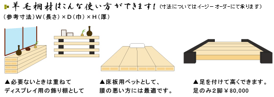 羊毛桐材にはこんな使い方ができます!-必要ないときは重ねてディスプレイ用の飾り棚として。睡眠時は床板用ベッドとして、腰の悪い方には最適です。足を付けて高くできます。足のみ2脚¥80,000